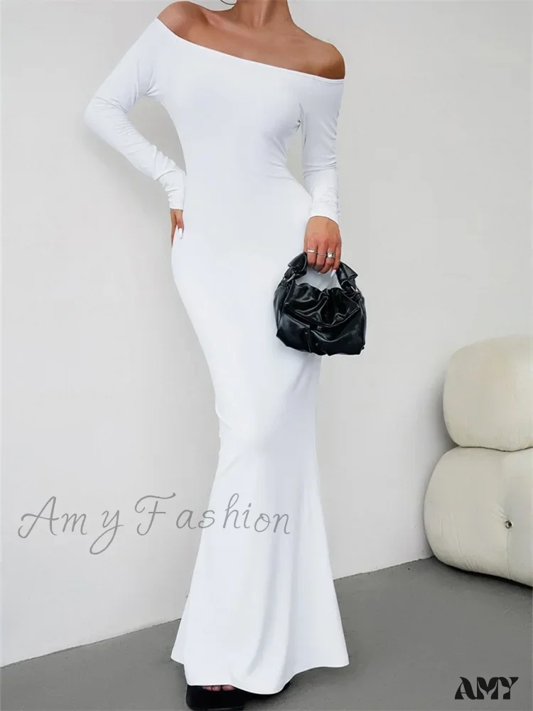 Amy Fashion - Elegant Women Sleeve Trumpet Solid Slash Neck Off-Shoulder Party Beach Cocktail Club Streetwear - Image 3