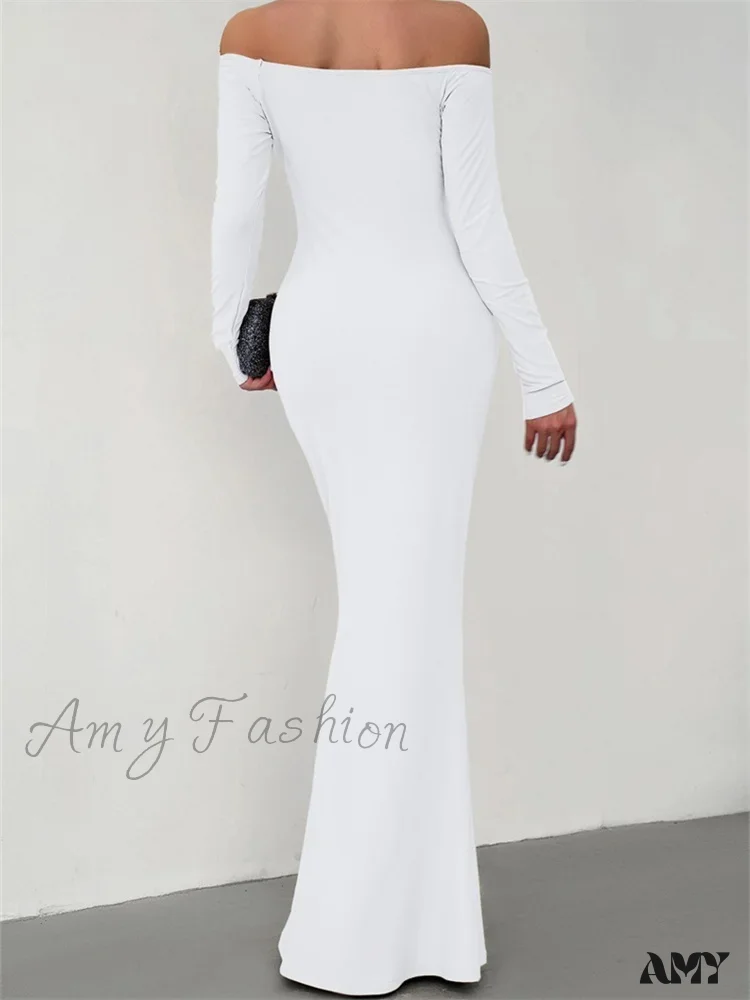 Amy Fashion - Elegant Women Sleeve Trumpet Solid Slash Neck Off-Shoulder Party Beach Cocktail Club Streetwear - Image 4