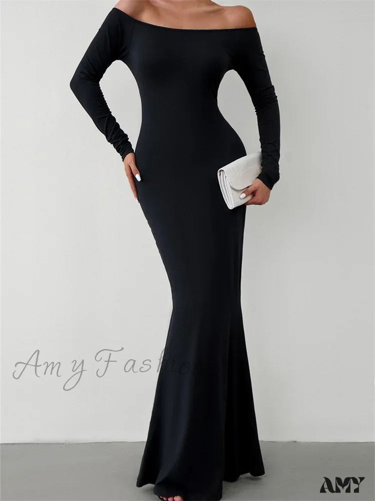 Amy Fashion - Elegant Women Sleeve Trumpet Solid Slash Neck Off-Shoulder Party Beach Cocktail Club Streetwear - Image 5