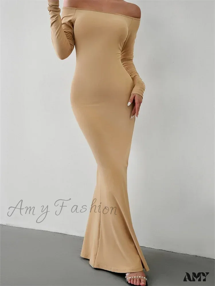 Amy Fashion - Elegant Women Sleeve Trumpet Solid Slash Neck Off-Shoulder Party Beach Cocktail Club Streetwear - Image 6
