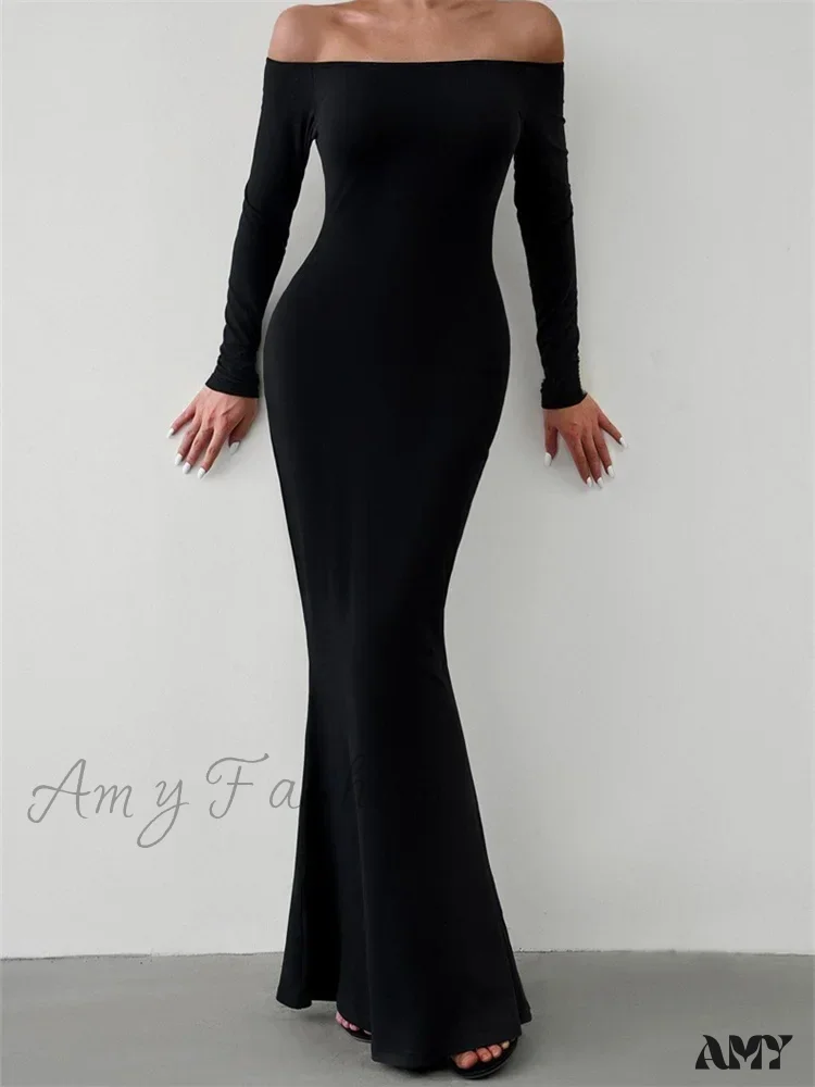 Amy Fashion - Elegant Women Sleeve Trumpet Solid Slash Neck Off-Shoulder Party Beach Cocktail Club Streetwear - Image 7