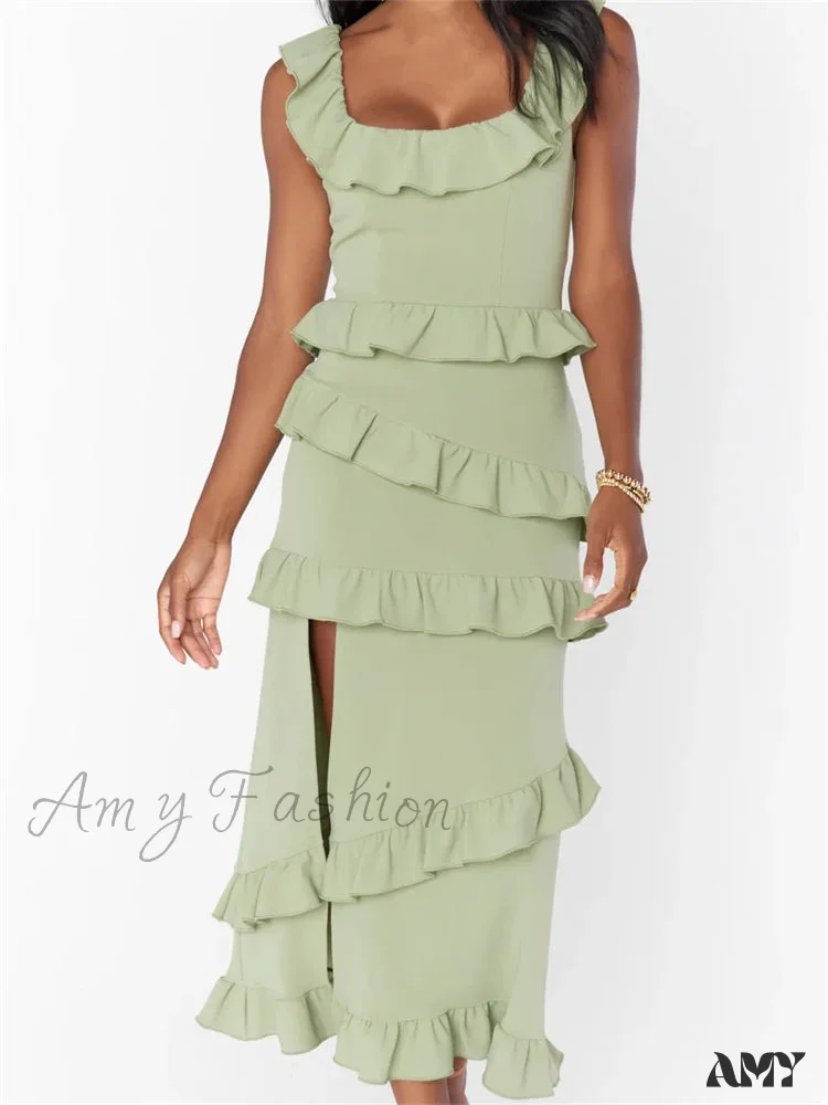 Amy Fashion - Elegant Women Sleeveless Strap Ruffle Sling   Square Neck Summer Beach Side Split Party Evening Vestido - Image 10