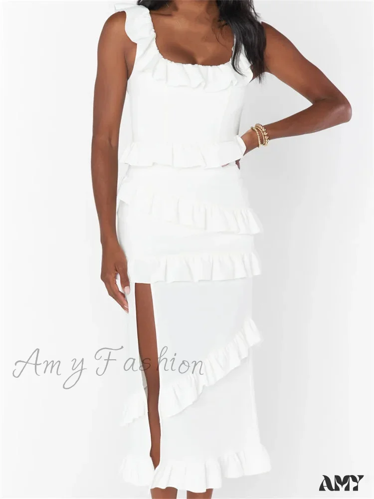Amy Fashion - Elegant Women Sleeveless Strap Ruffle Sling   Square Neck Summer Beach Side Split Party Evening Vestido - Image 3