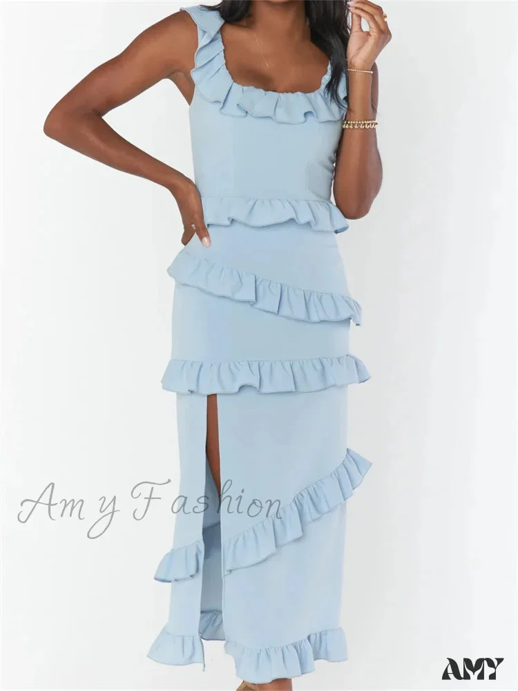Amy Fashion - Elegant Women Sleeveless Strap Ruffle Sling   Square Neck Summer Beach Side Split Party Evening Vestido - Image 5