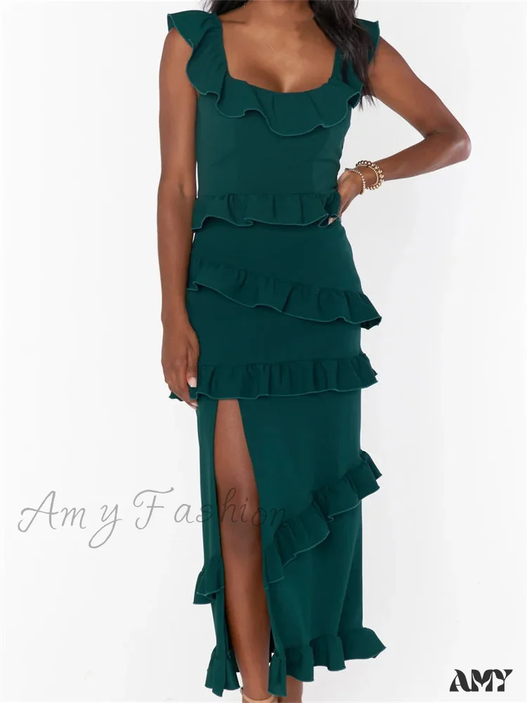 Amy Fashion - Elegant Women Sleeveless Strap Ruffle Sling   Square Neck Summer Beach Side Split Party Evening Vestido - Image 6