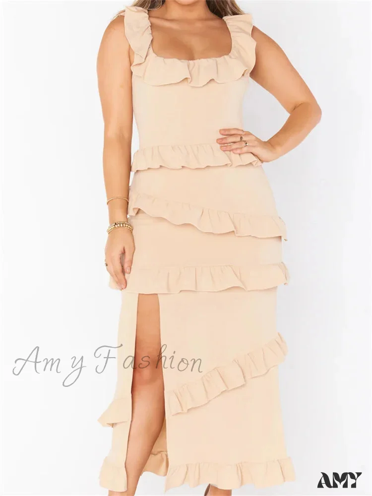 Amy Fashion - Elegant Women Sleeveless Strap Ruffle Sling   Square Neck Summer Beach Side Split Party Evening Vestido - Image 7