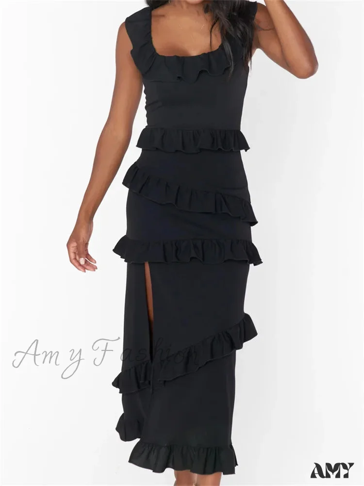 Amy Fashion - Elegant Women Sleeveless Strap Ruffle Sling   Square Neck Summer Beach Side Split Party Evening Vestido - Image 8