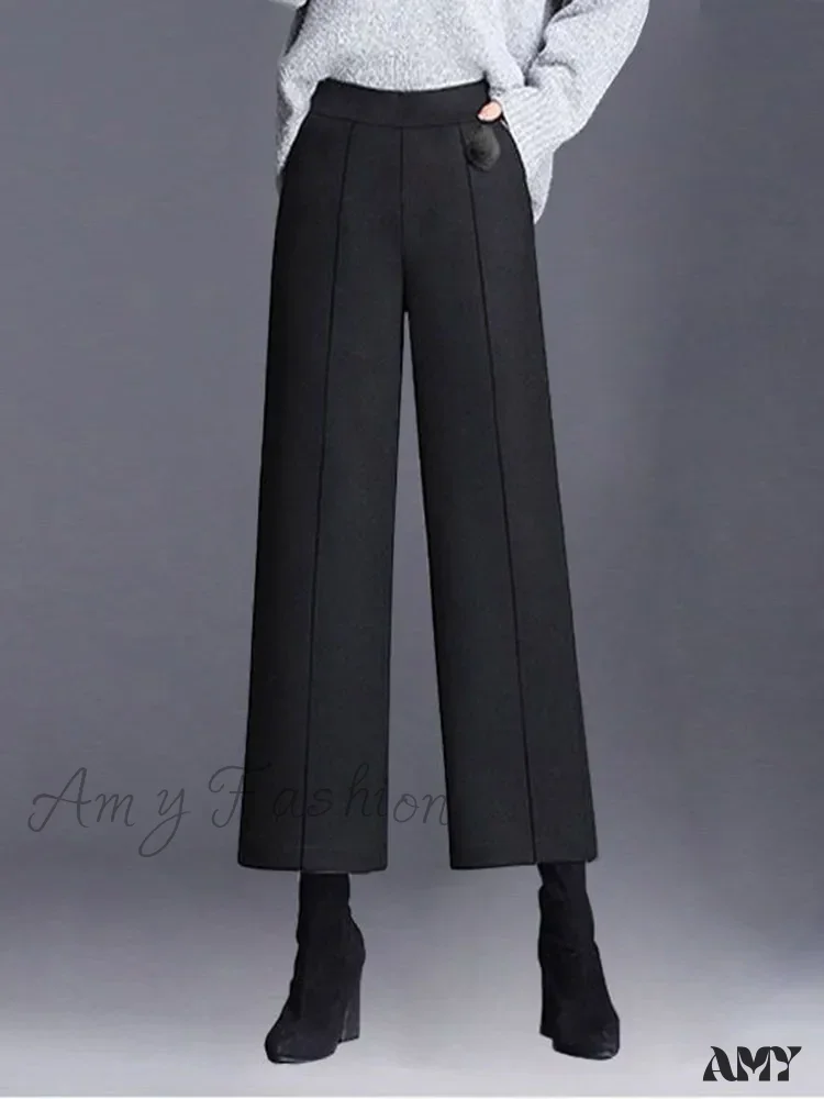 Elegant Woolen Blend Wide Leg High Waist Office Pants - Image 2