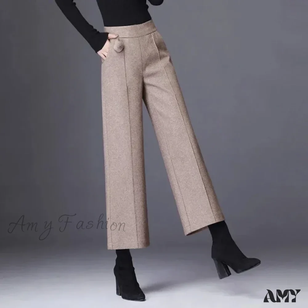 Elegant Woolen Blend Wide Leg High Waist Office Pants - Image 5