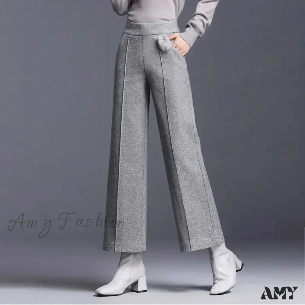 Elegant Woolen Blend Wide Leg High Waist Office Pants - Image 7