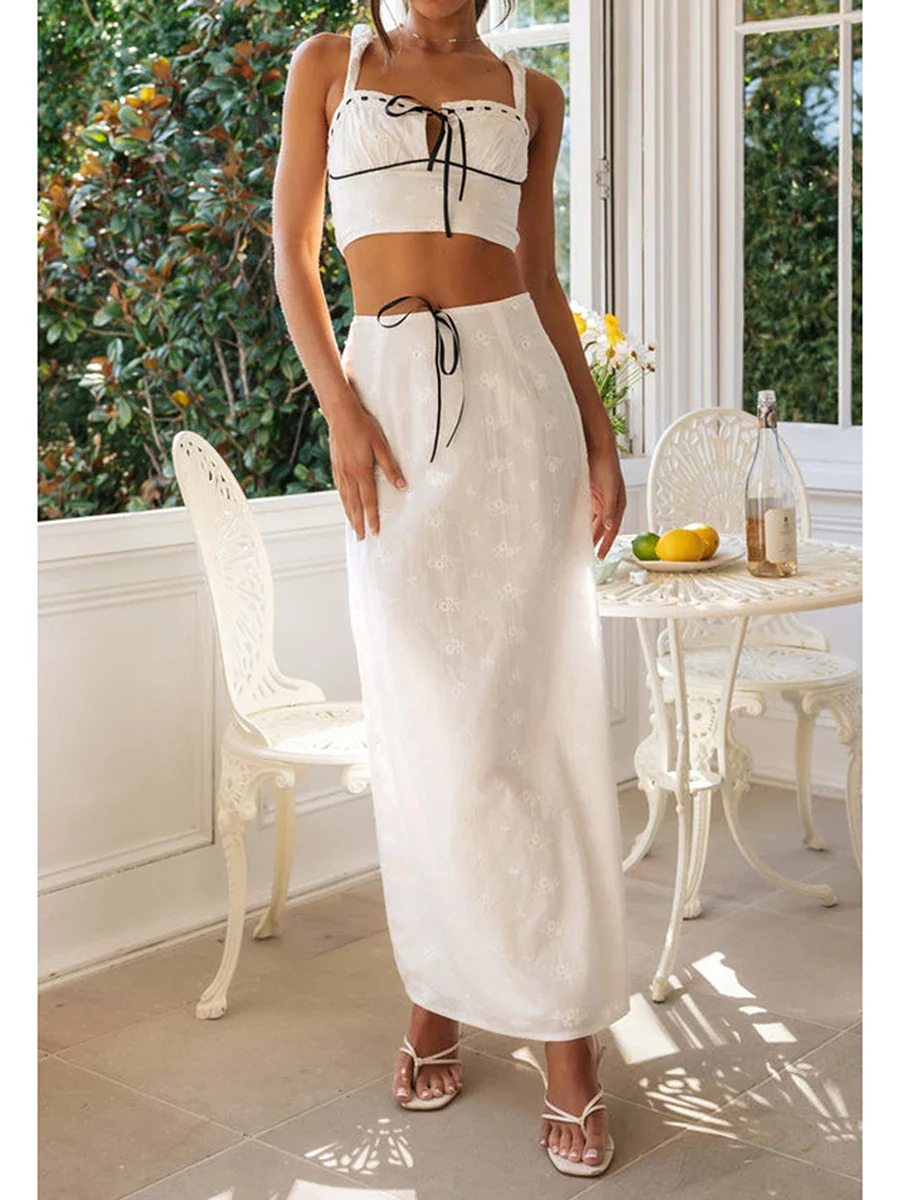 Embroidered Flower Camisole Skirt Two Piece Set - Image 6