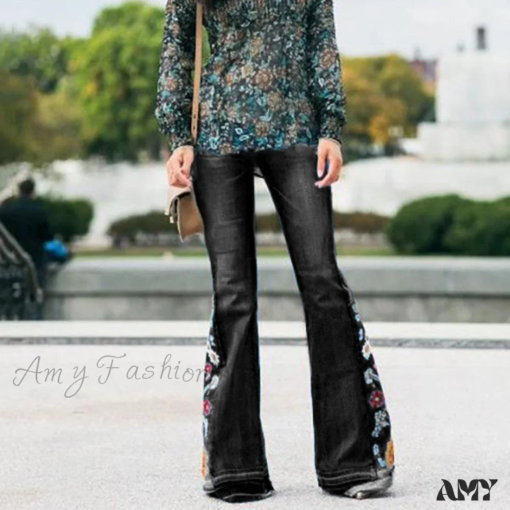 Amy Fashion - Embroidered Denim Bell Bottom Pants - Image 6