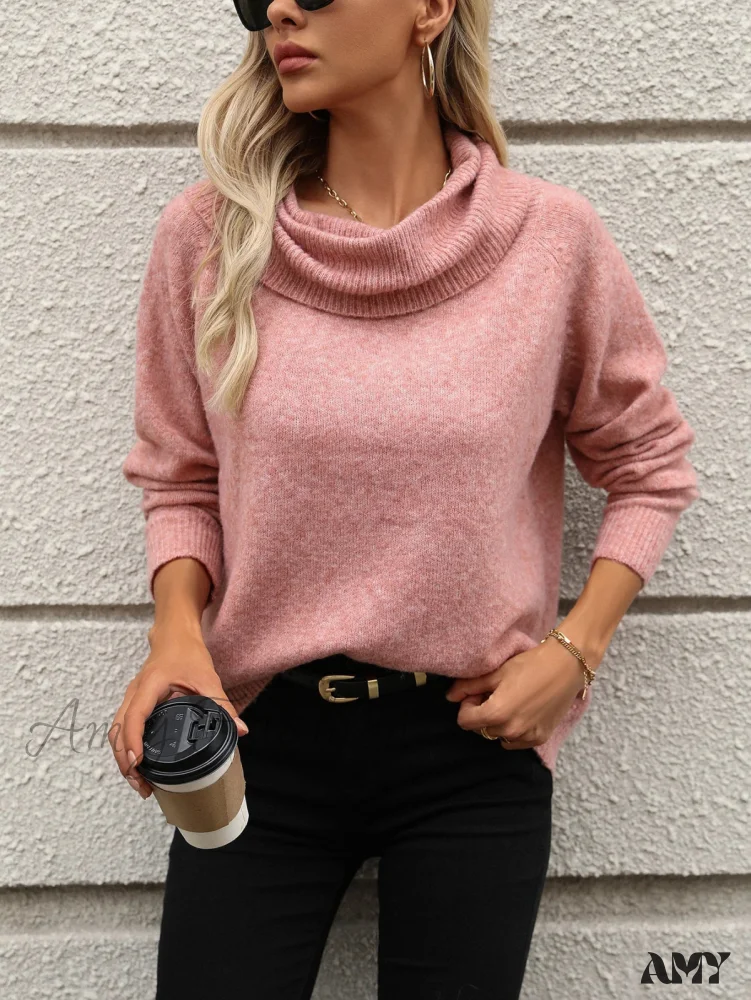 Fall Winter Solid Turtleneck Off Shoulder Long Sleeve Loose Sweater - Image 5