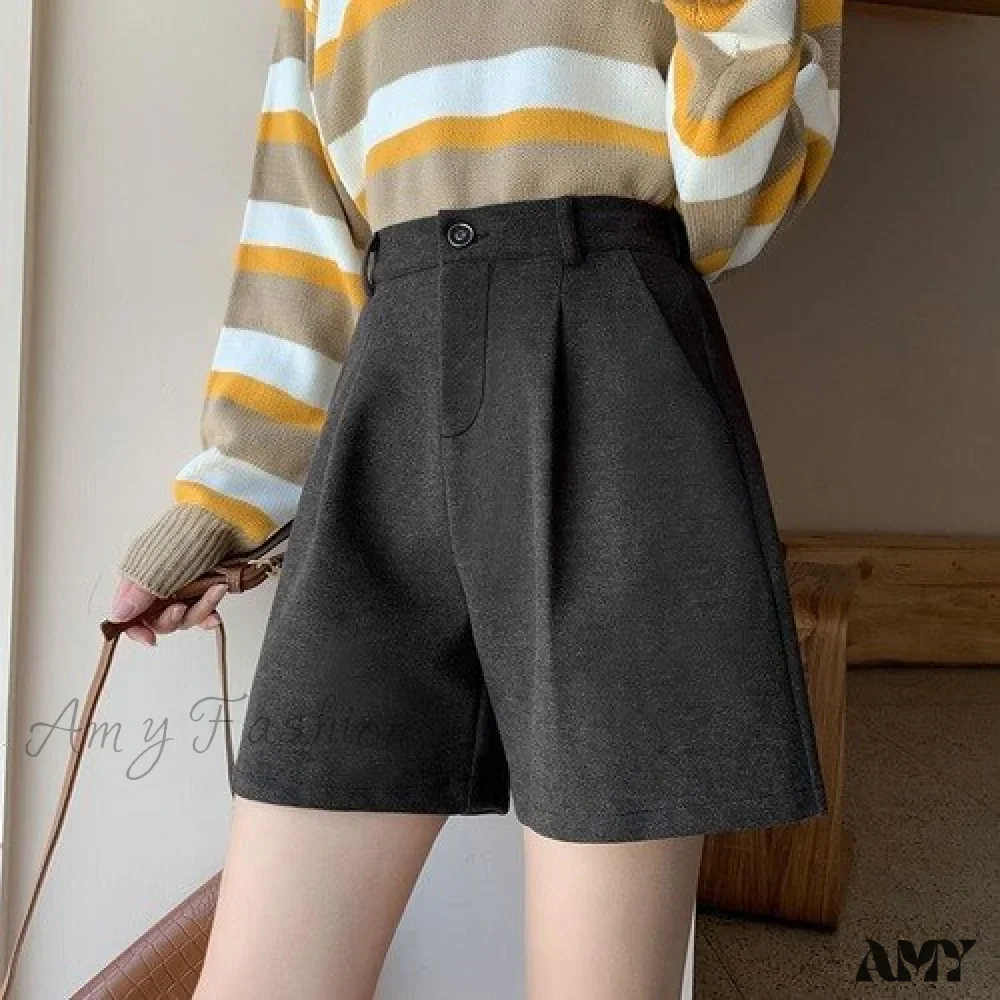 Amy Fashion - Fashion Solid Wide Leg Woolen Shorts - Image 10