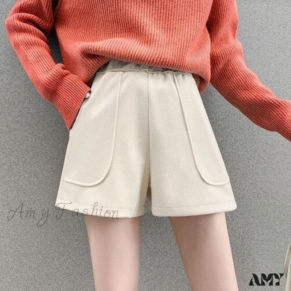 Amy Fashion - Fashion Solid Wide Leg Woolen Shorts - Image 11