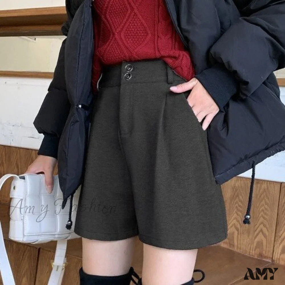 Amy Fashion - Fashion Solid Wide Leg Woolen Shorts - Image 12