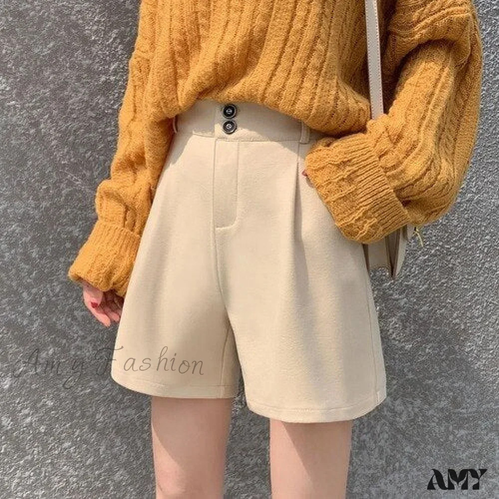 Amy Fashion - Fashion Solid Wide Leg Woolen Shorts - Image 3