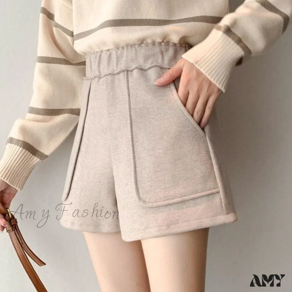 Amy Fashion - Fashion Solid Wide Leg Woolen Shorts - Image 7