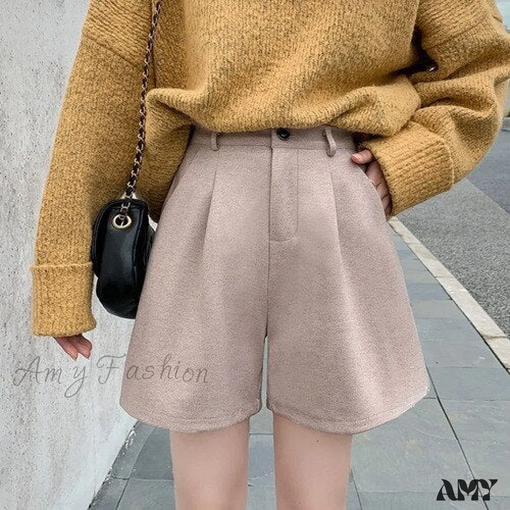 Amy Fashion - Fashion Solid Wide Leg Woolen Shorts - Image 9