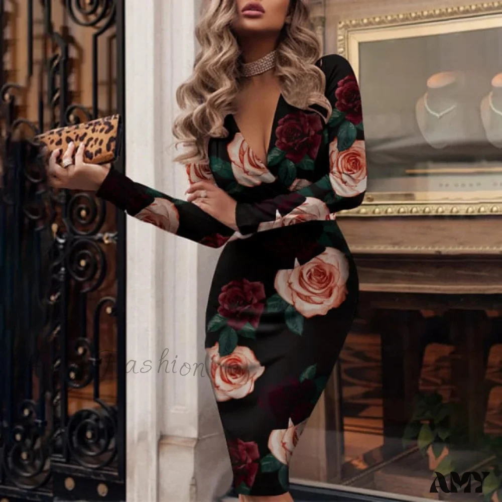 Amy Fashion - Fashion Print Sexy V-neck Slim Pencil Dresses - Image 7