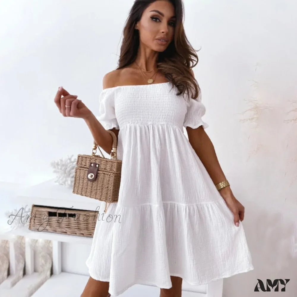 Amy Fashion - Slash Neck White Puff Sleeve Big Swing Dresses - Image 5