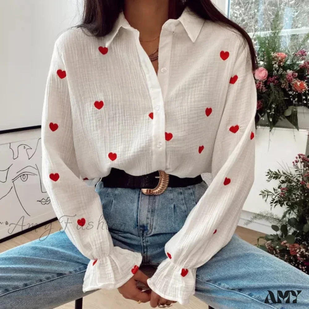 Amy Fashion - Turn Down Collar Heart Print Blouses - Image 8