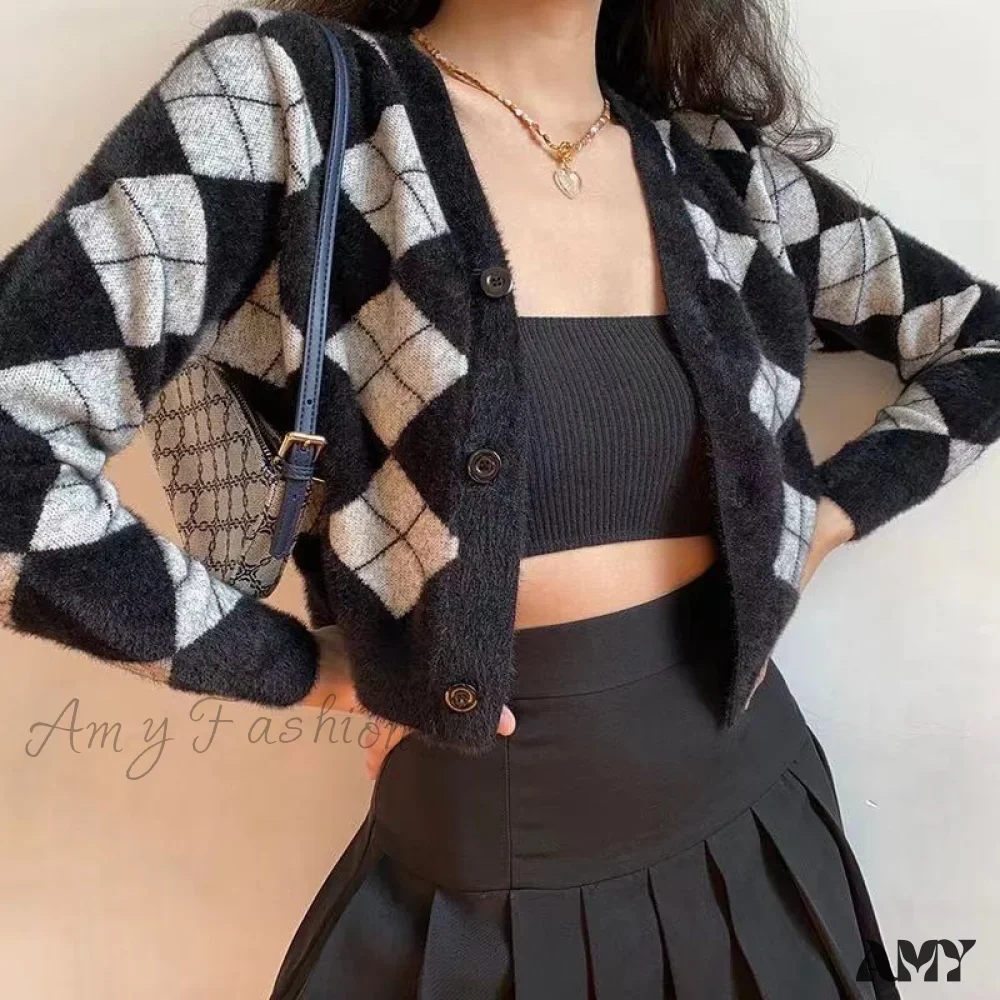 Amy Fashion - Plaid Black White Knitted Cardigan - Image 3