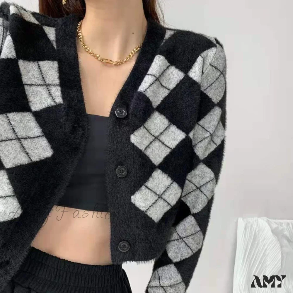 Amy Fashion - Plaid Black White Knitted Cardigan - Image 4