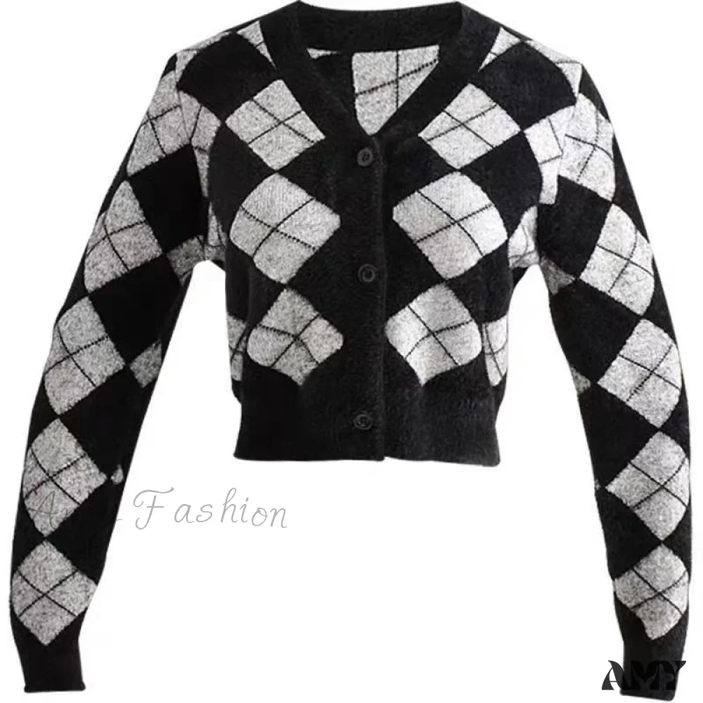 Amy Fashion - Plaid Black White Knitted Cardigan - Image 5