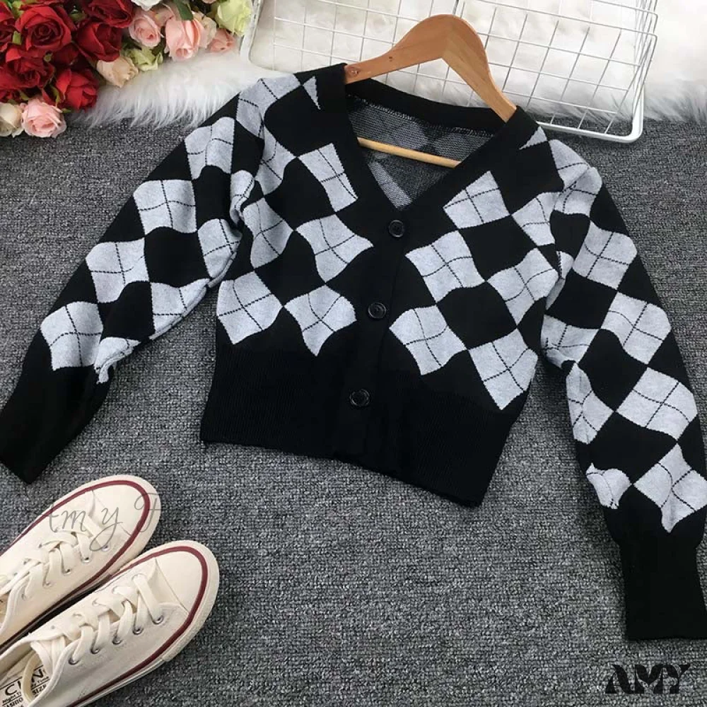 Amy Fashion - Plaid Black White Knitted Cardigan - Image 7