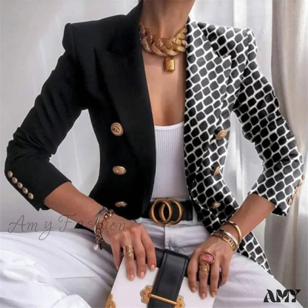 Amy Fashion - Plaid Leopard Chain Print Stitched Blazer - Image 2