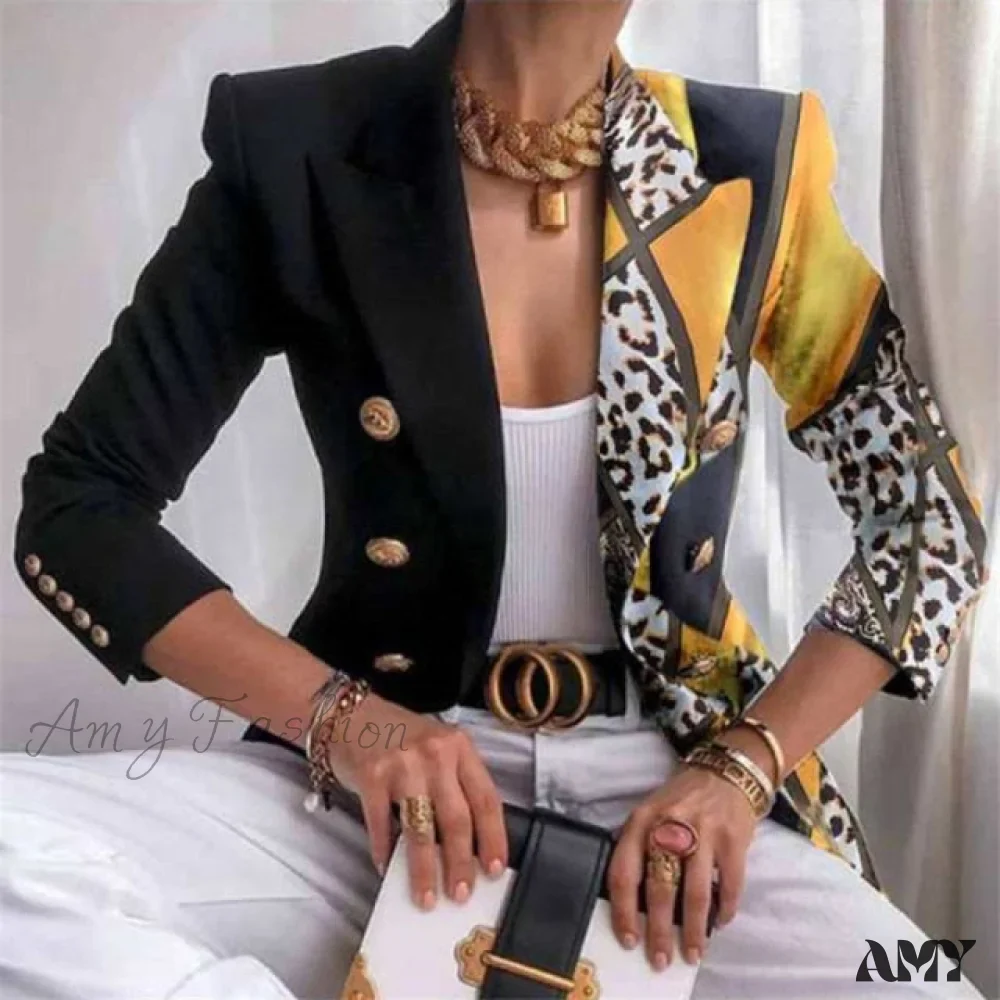 Amy Fashion - Plaid Leopard Chain Print Stitched Blazer - Image 3