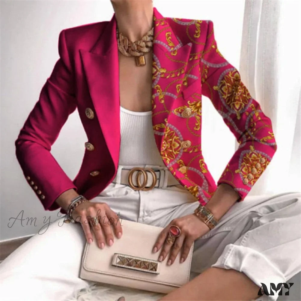 Amy Fashion - Plaid Leopard Chain Print Stitched Blazer - Image 5