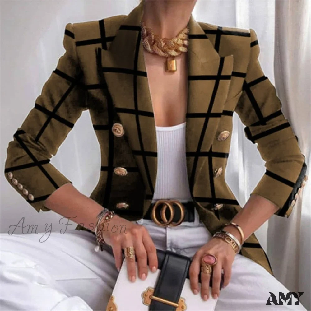 Amy Fashion - Plaid Leopard Chain Print Stitched Blazer - Image 6