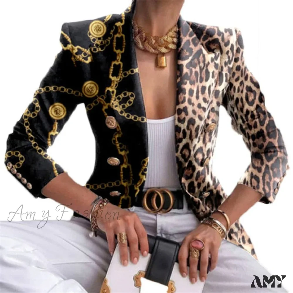 Amy Fashion - Plaid Leopard Chain Print Stitched Blazer - Image 9