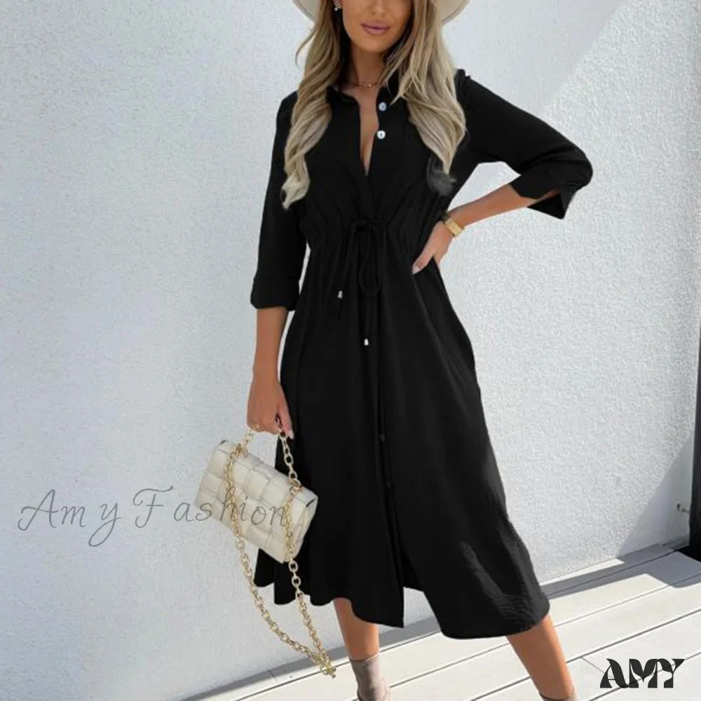 Amy Fashion - Fashion Pure Color Elegant Button Lace Up Midi Dress - Image 10
