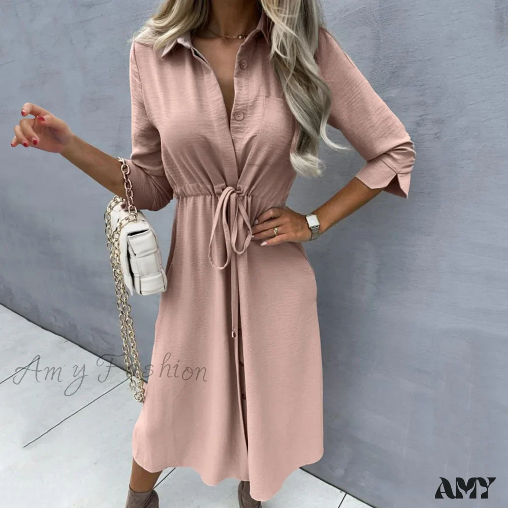 Amy Fashion - Fashion Pure Color Elegant Button Lace Up Midi Dress - Image 11