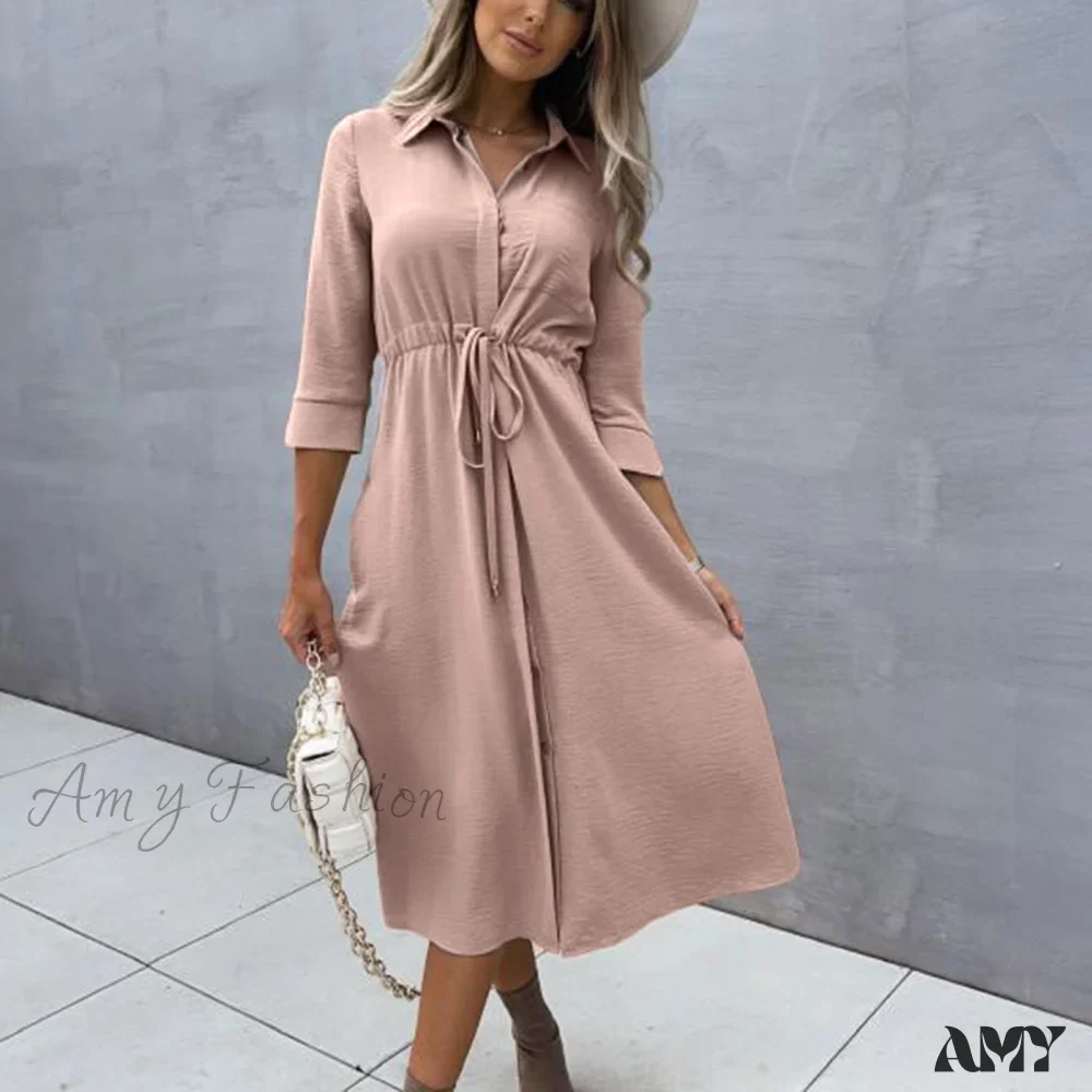 Amy Fashion - Fashion Pure Color Elegant Button Lace Up Midi Dress - Image 12