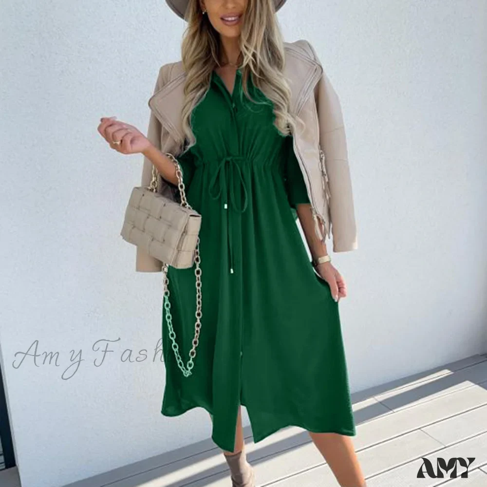 Amy Fashion - Fashion Pure Color Elegant Button Lace Up Midi Dress - Image 13