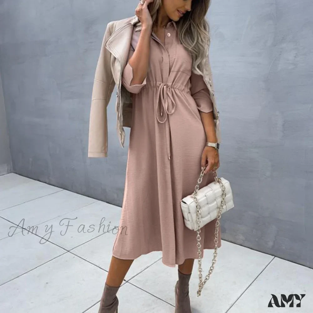 Amy Fashion - Fashion Pure Color Elegant Button Lace Up Midi Dress - Image 15