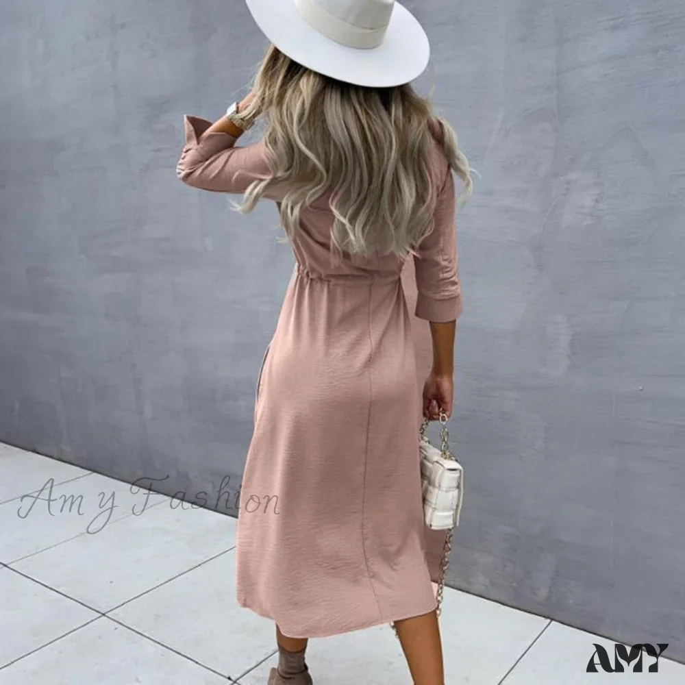 Amy Fashion - Fashion Pure Color Elegant Button Lace Up Midi Dress - Image 17