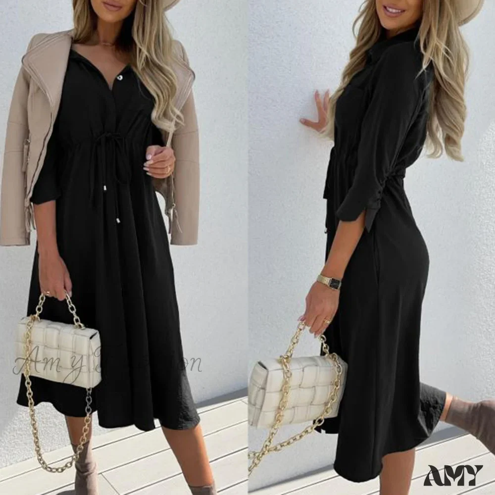 Amy Fashion - Fashion Pure Color Elegant Button Lace Up Midi Dress - Image 18