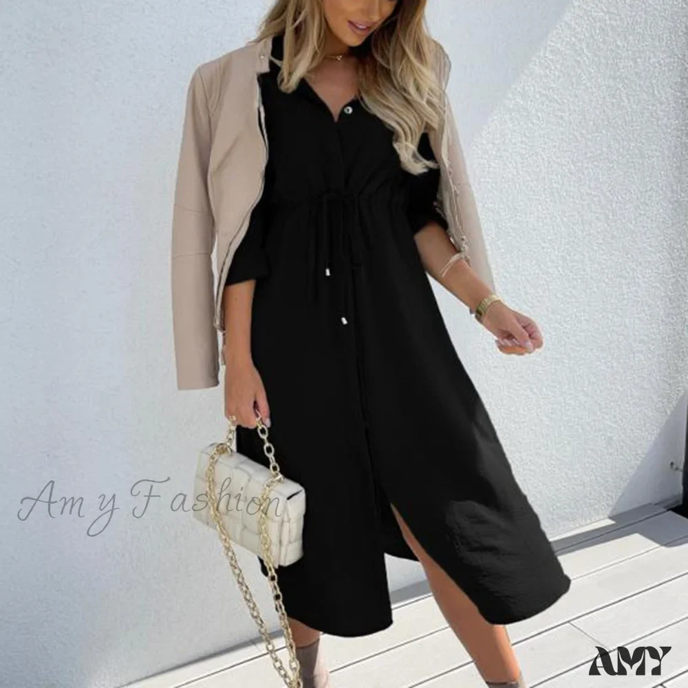 Amy Fashion - Fashion Pure Color Elegant Button Lace Up Midi Dress - Image 19