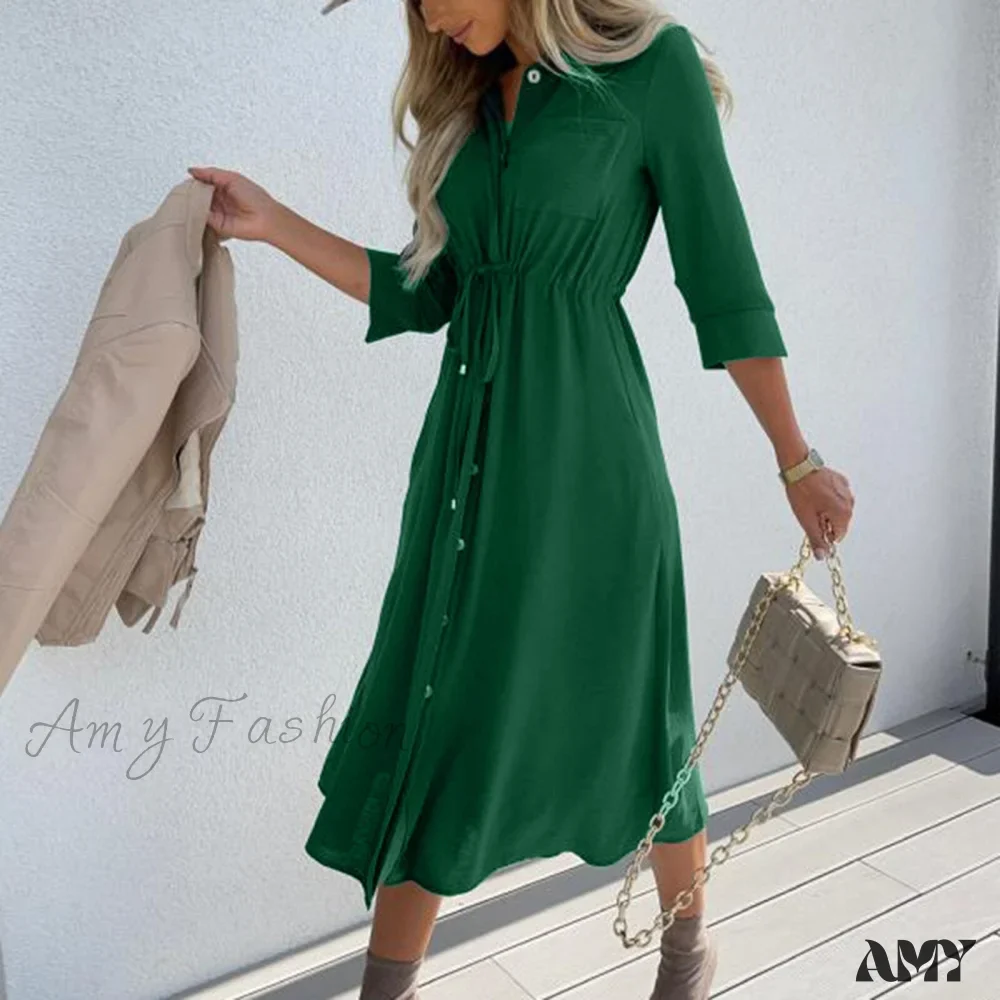 Amy Fashion - Fashion Pure Color Elegant Button Lace Up Midi Dress - Image 3