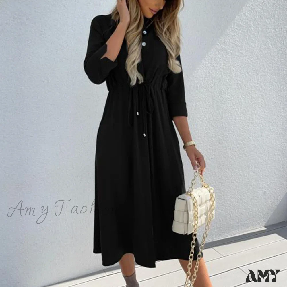Amy Fashion - Fashion Pure Color Elegant Button Lace Up Midi Dress - Image 5