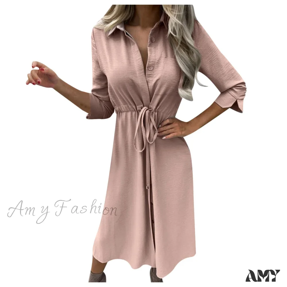 Amy Fashion - Fashion Pure Color Elegant Button Lace Up Midi Dress - Image 6
