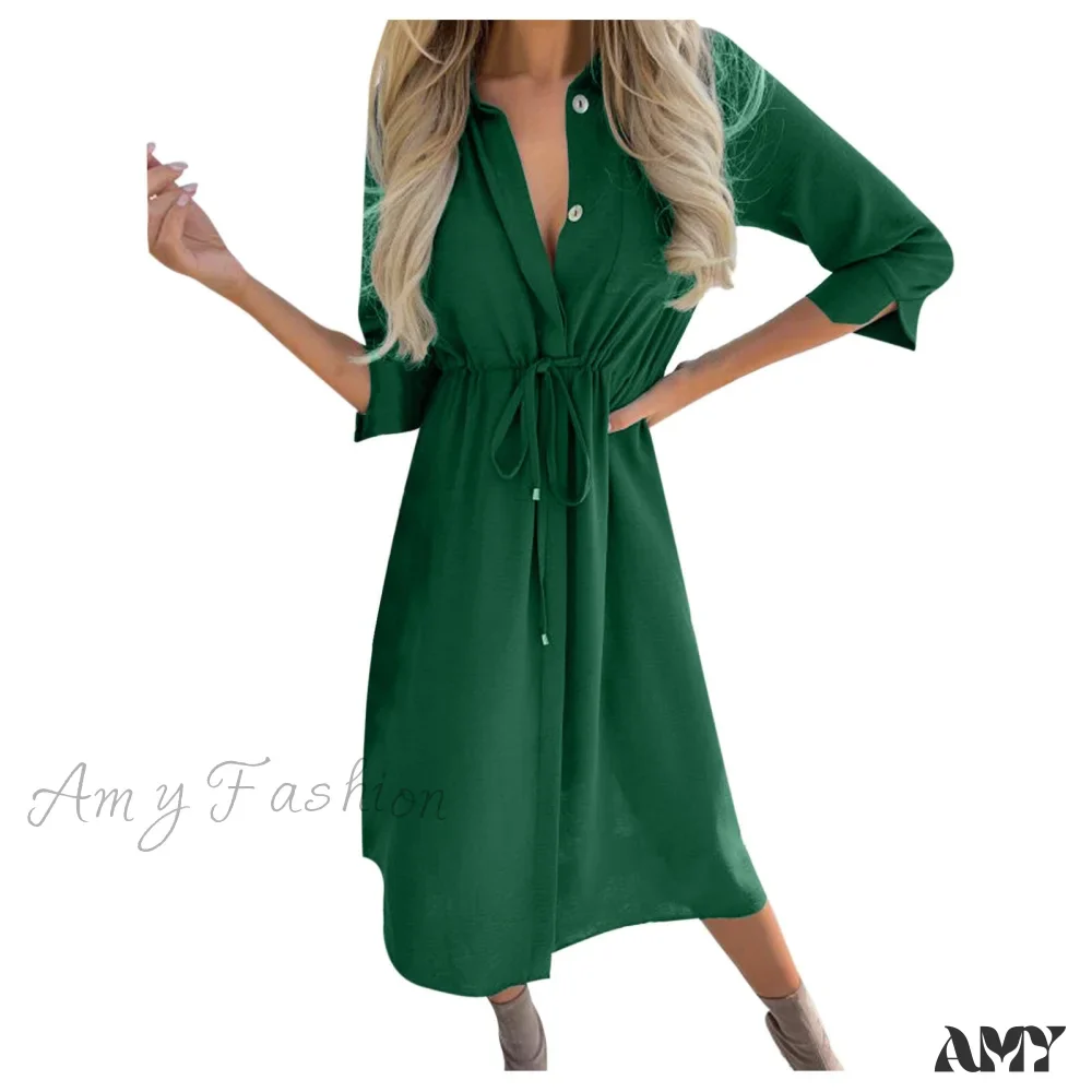 Amy Fashion - Fashion Pure Color Elegant Button Lace Up Midi Dress - Image 8