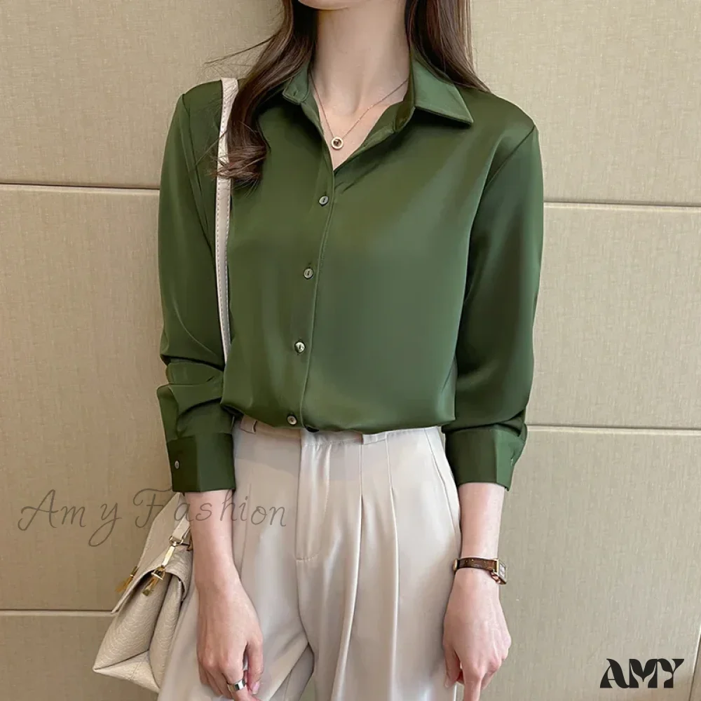 Fashion Silk Long Sleeve Solid Casual Shirts Lady Turn Down Collar White Tops Blouse - Image 2