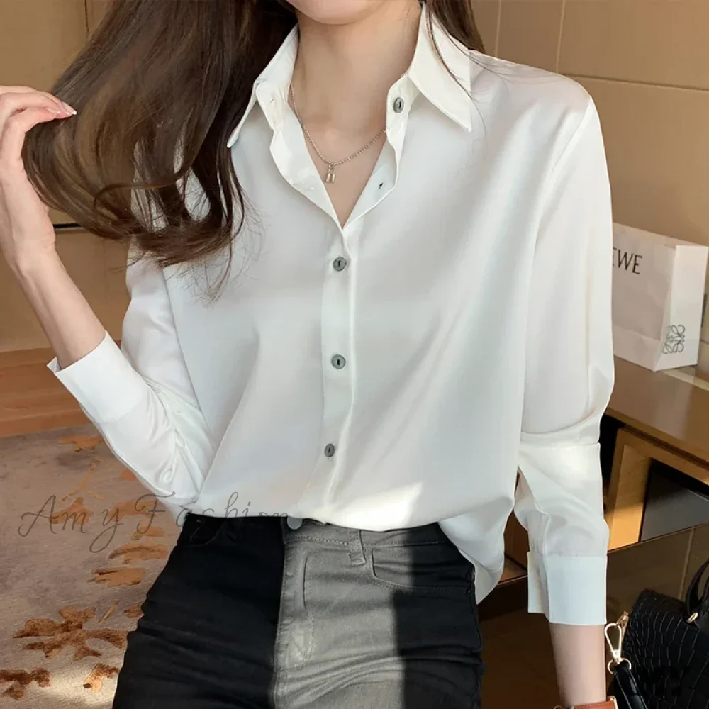 Fashion Silk Long Sleeve Solid Casual Shirts Lady Turn Down Collar White Tops Blouse - Image 4