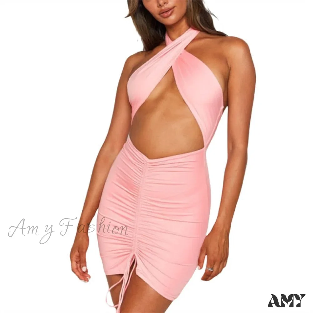 Amy Fashion - Solid Color Slim Drawstring Pleated Slim Fit Dress - Image 7